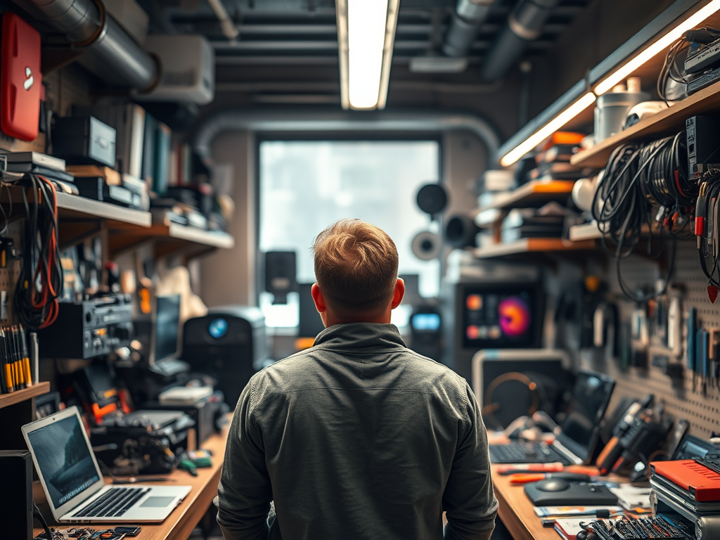 A person standing in a tech workspace filled with computers, tools, and electronic equipment, looking towards a window.